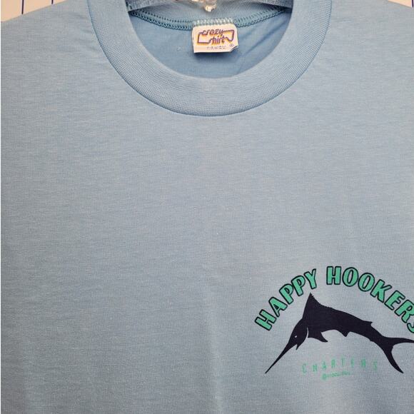 Vintage 90s Crazy Shirts Blue Fishing Tee Happy Hookers Charter Single Stitch - Picture 6 of 14